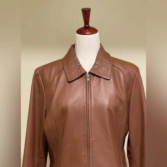 Prague Cropped Leather Jacket Cognac Brown size L - Picture 4 of 6